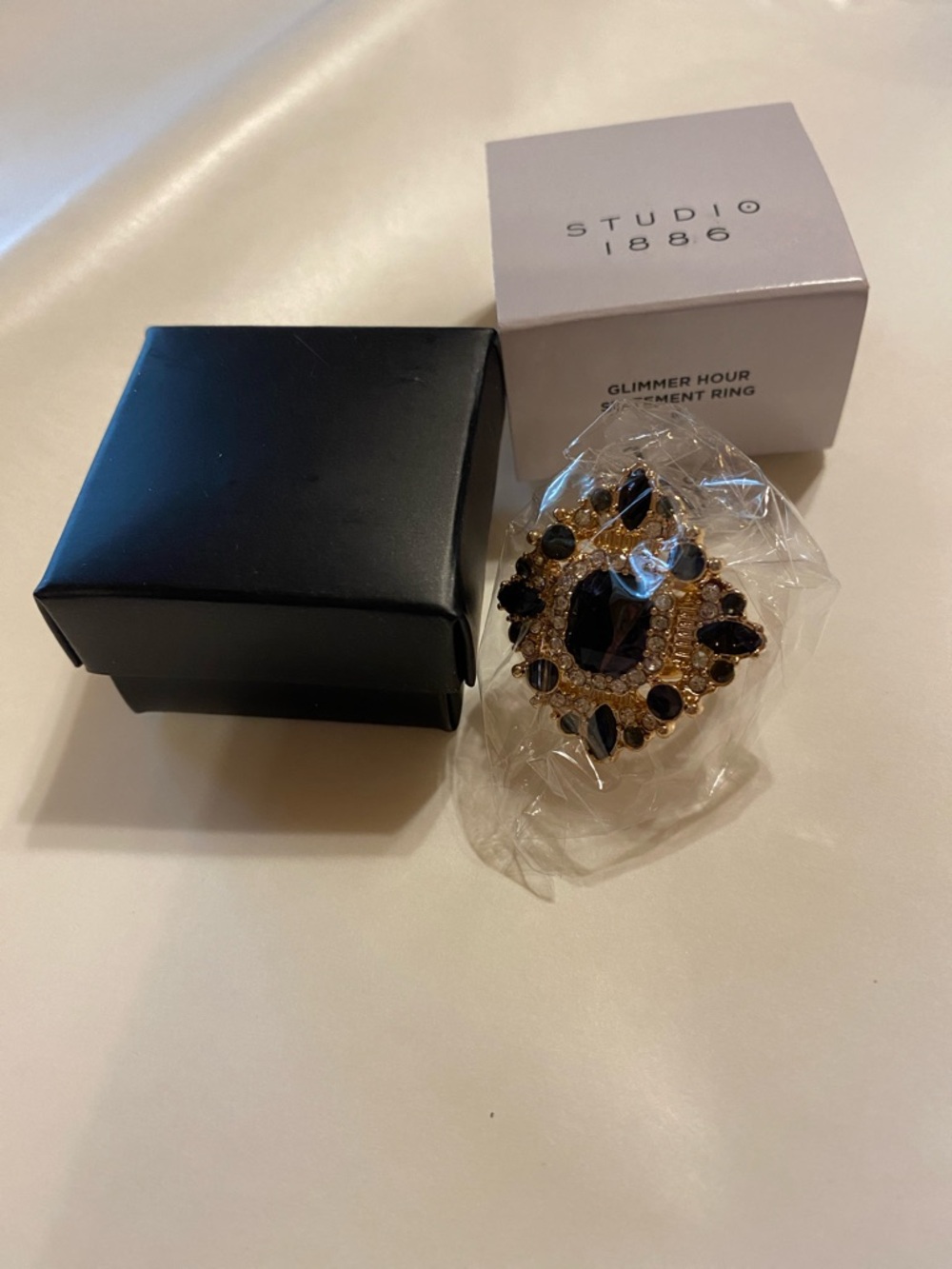 $10-Size 8-Studio 1886 Avon Goldtone Ring/black Stones & cubic zirconia